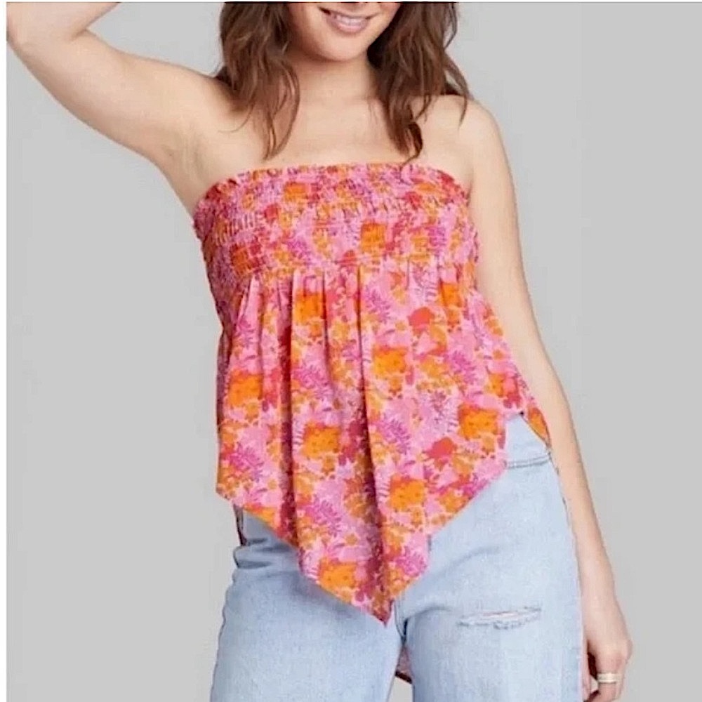 Wild Fable Women’s Strapless Bandeau Hanky Tube Top Pink & Orange Floral